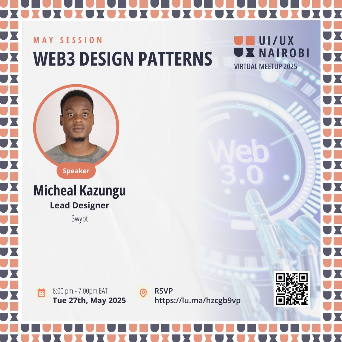 UIUX NAIROBI (@uiuxnairobi) on Twitter photo Curious about designing in Web3?
Join us on Tuesday, 27th May from 6- 7PM EAT as <a href="/michaelloupa/">Michael Loupa</a> takes us through the most relevant design patterns shaping Web3 experiences today.
Come gain practical insights on how to build seamless experiences. RSVP here:👉🏽lu.ma/hzcgb9vp Curious about designing in Web3?
Join us on Tuesday, 27th May from 6- 7PM EAT as <a href="/michaelloupa/">Michael Loupa</a> takes us through the most relevant design patterns shaping Web3 experiences today.
Come gain practical insights on how to build seamless experiences. RSVP here:👉🏽lu.ma/hzcgb9vp