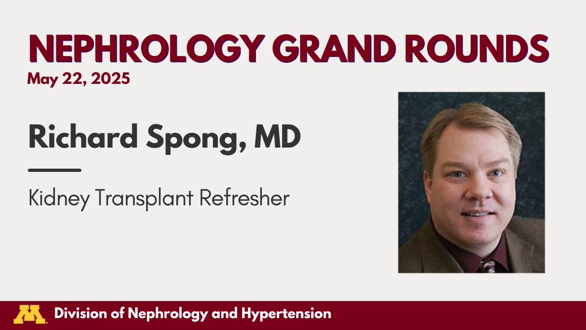Please join us tomorrow for Nephrology Grand Rounds! Dr. Richard Spong will be presenting "Kidney Transplant Refresher".

📅 May 22, 2025
⏰ 8-9am
📍 717 Delaware, Room 105