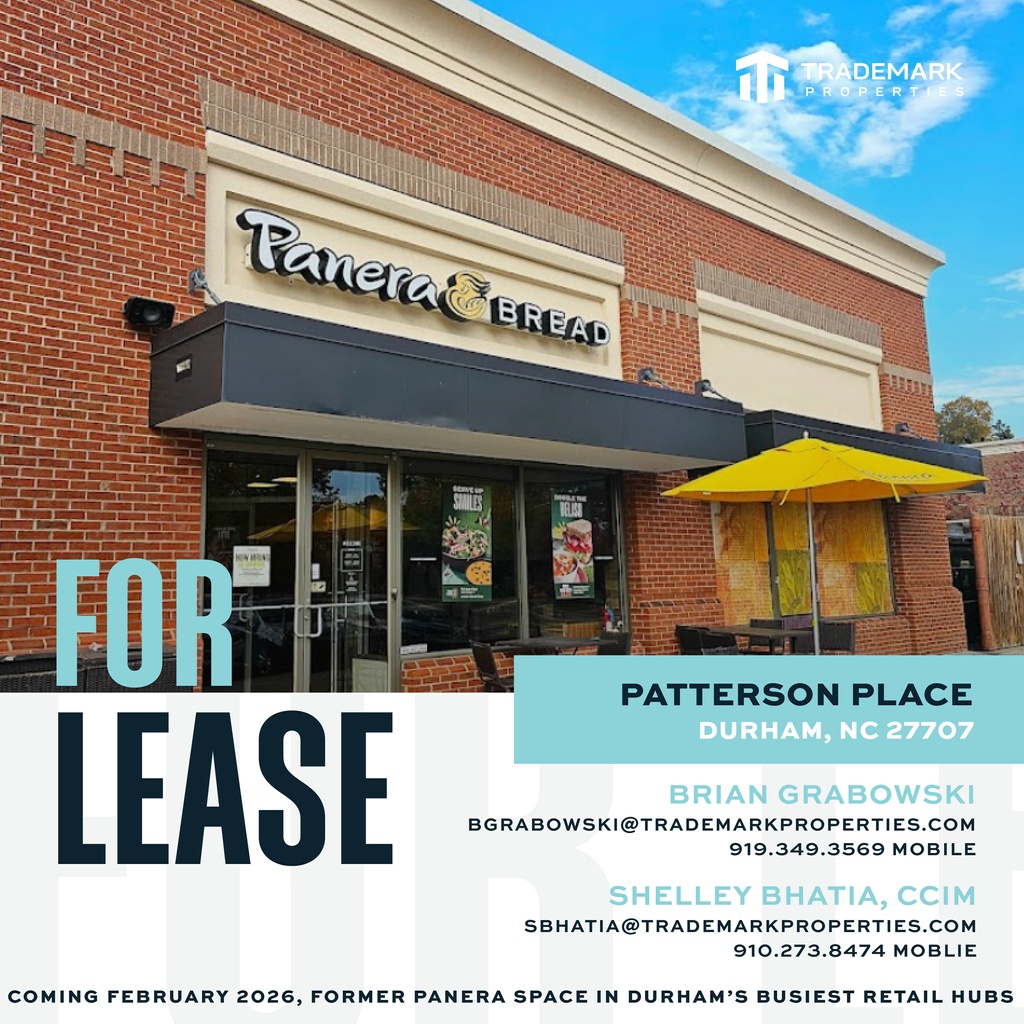 TradeMarkPropNC's tweet photo. Coming February 2026, 4,593 SF will be available at Patterson Place! This former Panera Bread space sits in a prime spot off 15-501.

Reach out to Brian Grabowski or Shelley Bhatia, CCIM, or visit https://t.co/vpKfOzNwwV https://t.co/esJxmFmPqs