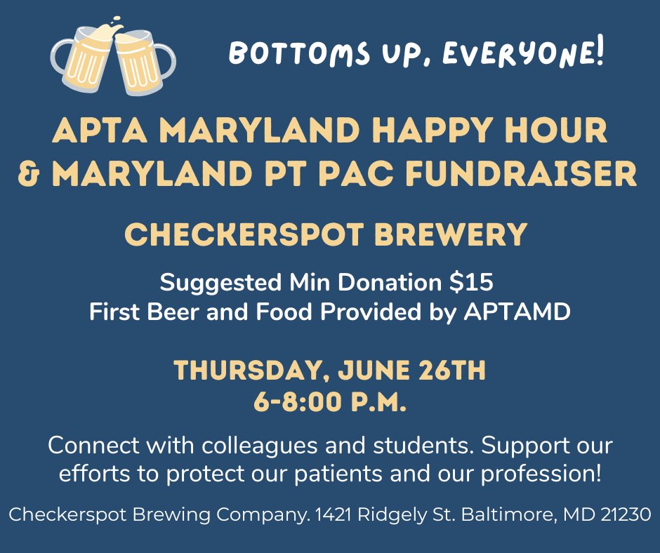 APTAofMaryland's tweet image. 📣Join APTAMD for Happy Hour June 26 and Support the Maryland Physical Therapy PAC. 🍺🍕 First drink and Food is on us. Sponsorship Opportunities to spotlight your company and support Maryland PT Payment and Policy. Sign up with a min donation of $15 to the Maryland PT PAC...…