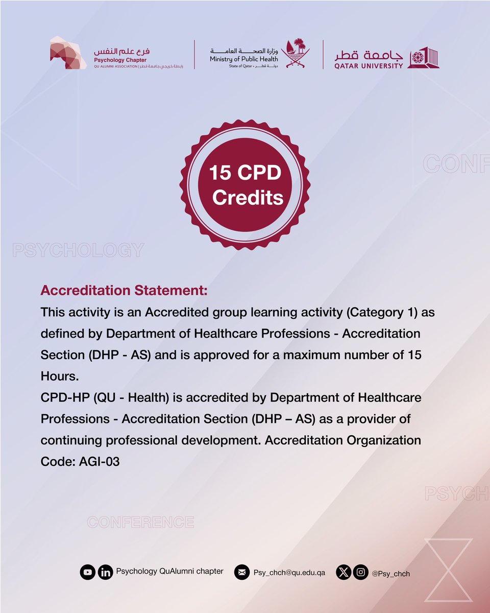 Psy_chch's tweet photo. يكتسب الحاضرون نقاط CPD من خلال حضور الورش القبلية وجلسات المؤتمر على مدار يومين.
*يشترط التسجيل في فئة CPD.

CPD points awarded for attending pre-conference workshops + 2-day sessions.
*Must register under CPD category. https://t.co/3GfbelBwYS