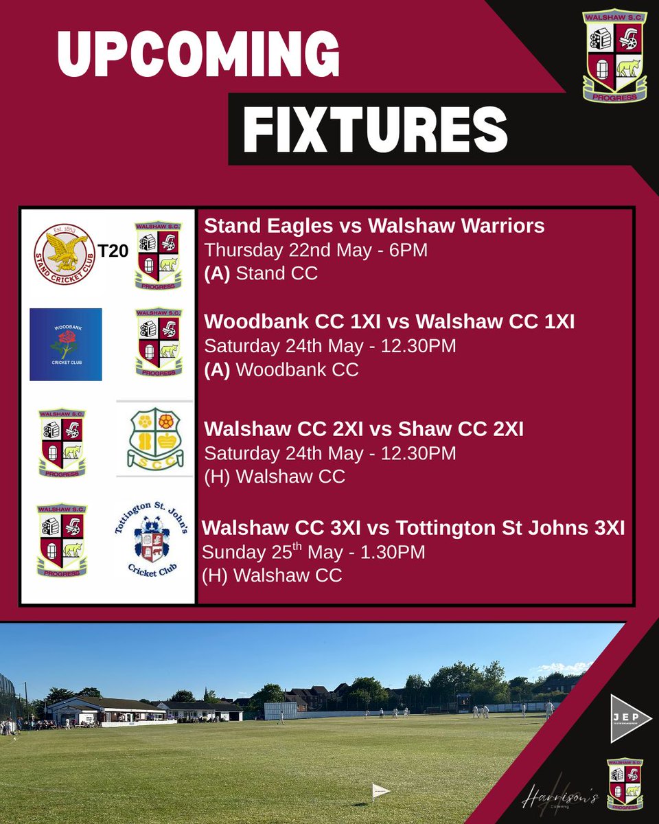 🏏FIXTURES THIS WEEK🏏

Firsts, seconds and thirds are all in action this weekend starting with Walshaw Warriors travelling to Stand Eagles in the T20 on Thursday. 

Everyone is welcome! 

#UTS