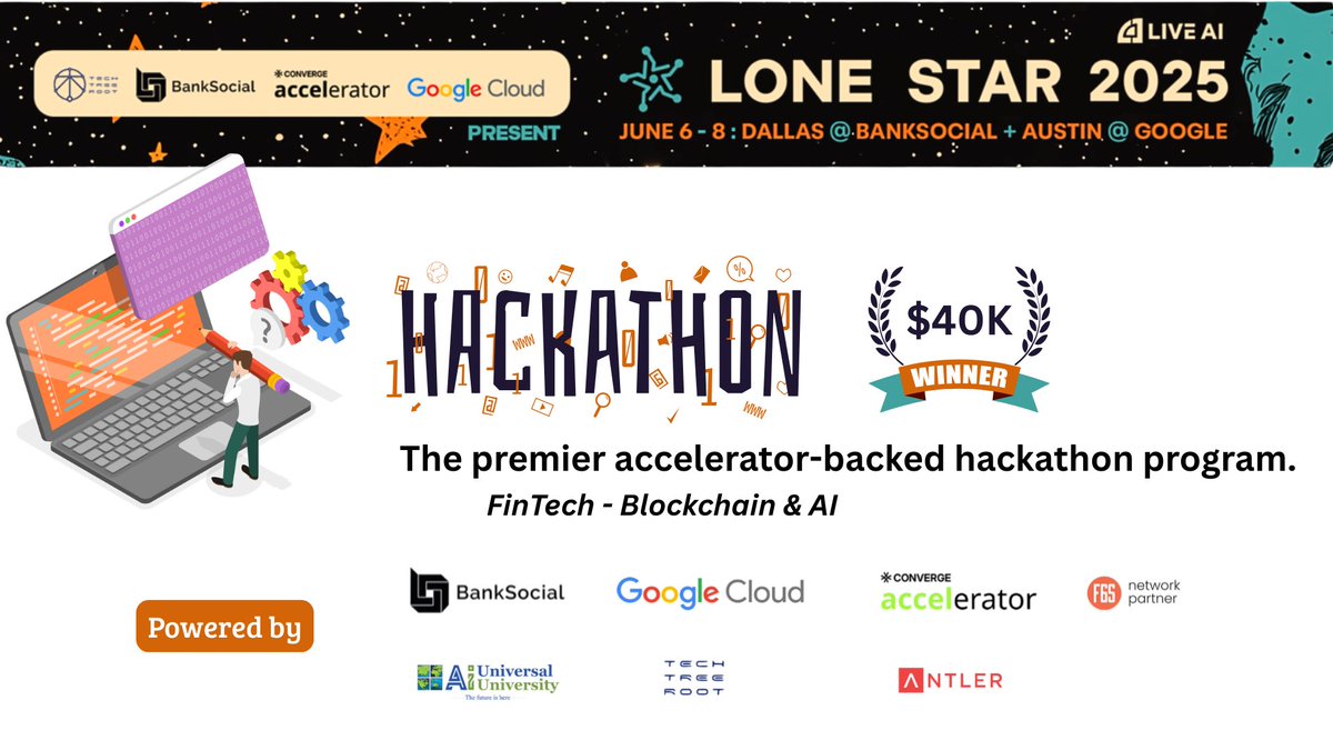 ABCryptoKing's tweet image. a #Hackathon event will be held in #DallasTX and #AustinTx from June 6-8, 2025.
Hosted by #BankSocial $BSL with partners including #Google, Coverage Accellerator, #FGS, AI University, etc.
Join Hackathon: liveai-lonestar-2025.devpost.com
#AI #ML #Blockchain #Fintech #Students #Texas