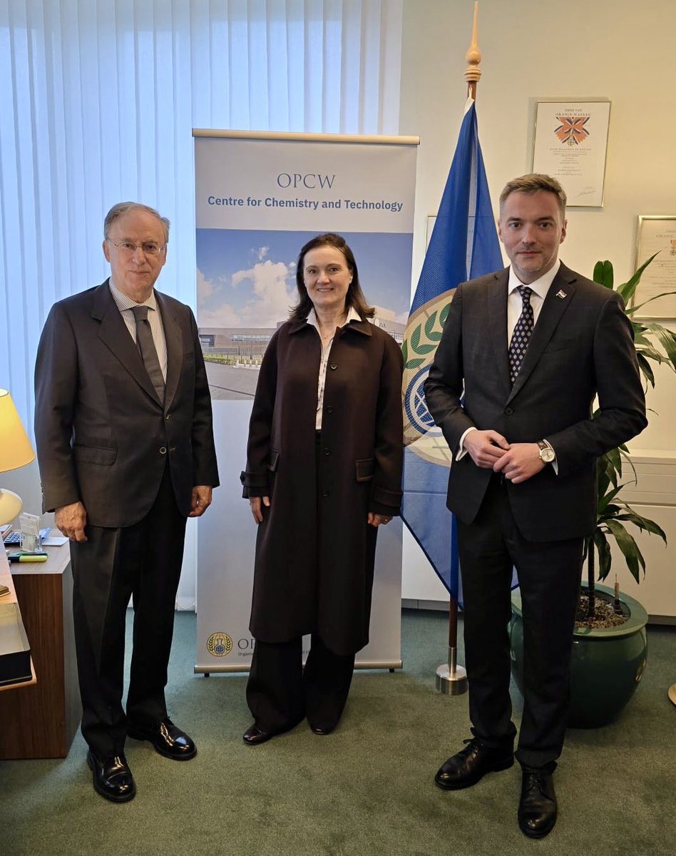 SebastianRogac's tweet photo. Fruitful discussion with the Director-General of the @OPCW, Ambassador Fernando Arias, on current major challenges to international security and multilateralism. #Croatia supports the pivotal work of the OPCW in advancing global chemical weapons disarmament and non-proliferation. https://t.co/1ZnnTPxEoB