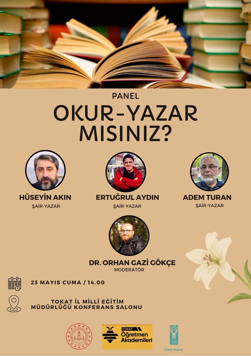 Öğretmen Akademileri kapsamında Tokat İl Millî Eğitim Müdürlüğü ve Türkiye Dil ve Edebiyat Derneği Tokat Şubesi ortaklığıyla düzenlenen "OKUR-YAZAR MISINIZ?" konulu panele davetlisiniz.
📆 23 Mayıs 2025/Cuma
⏰️14.00
📍Tokat İl Milli Eğitim Müdürlüğü Konferans Salonu

<a href="/tcmeb/">Millî Eğitim Bakanlığı</a>