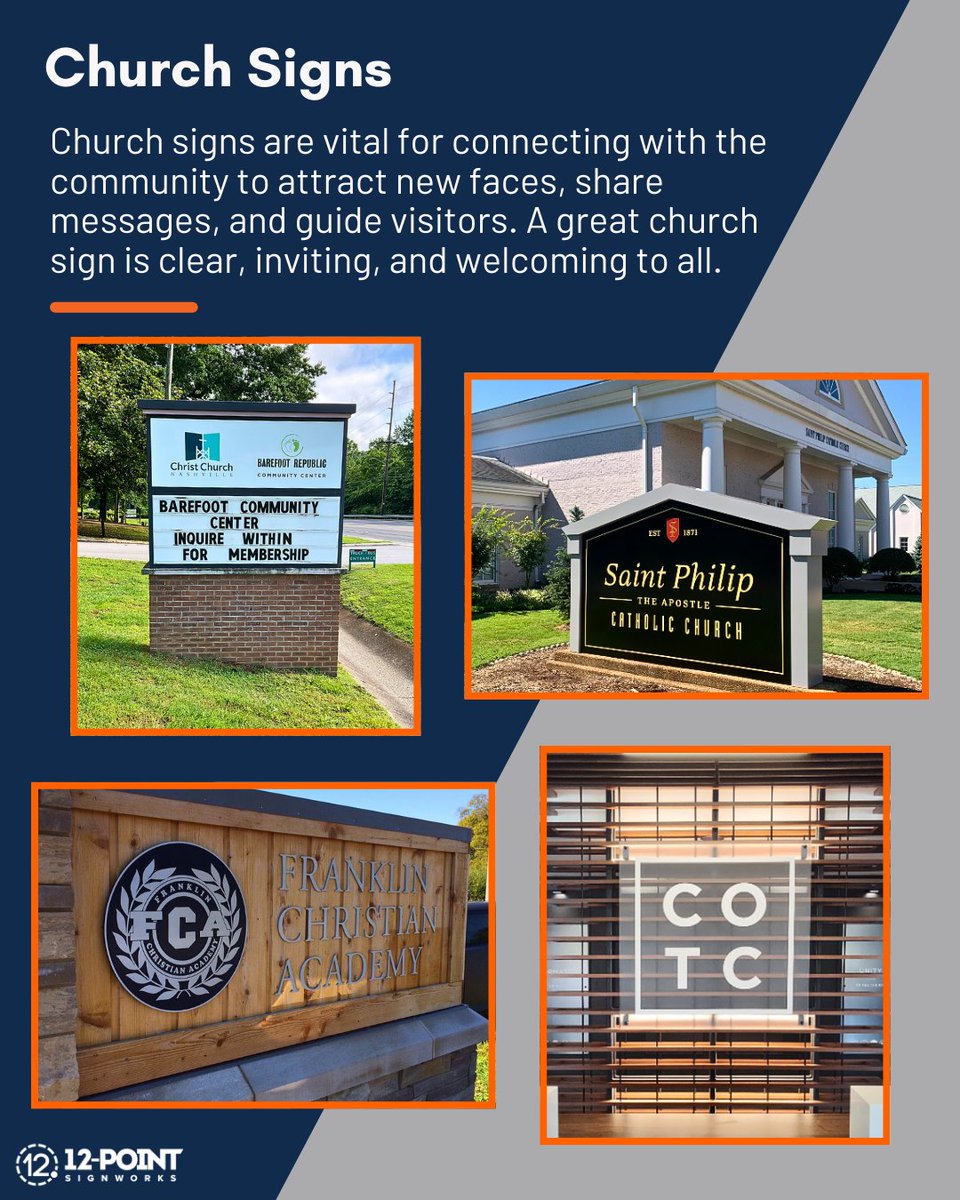 12pointsigns's tweet image. #ChurchSigns are meant to welcome, inform, &amp;amp; inspire. They play a vital role in building community &amp;amp; sharing your message. From #WayfindingSigns to #EventBanners, versatile signage helps visitors feel right at home. #CustomSigns #BusinessSigns #NashvilleSigns