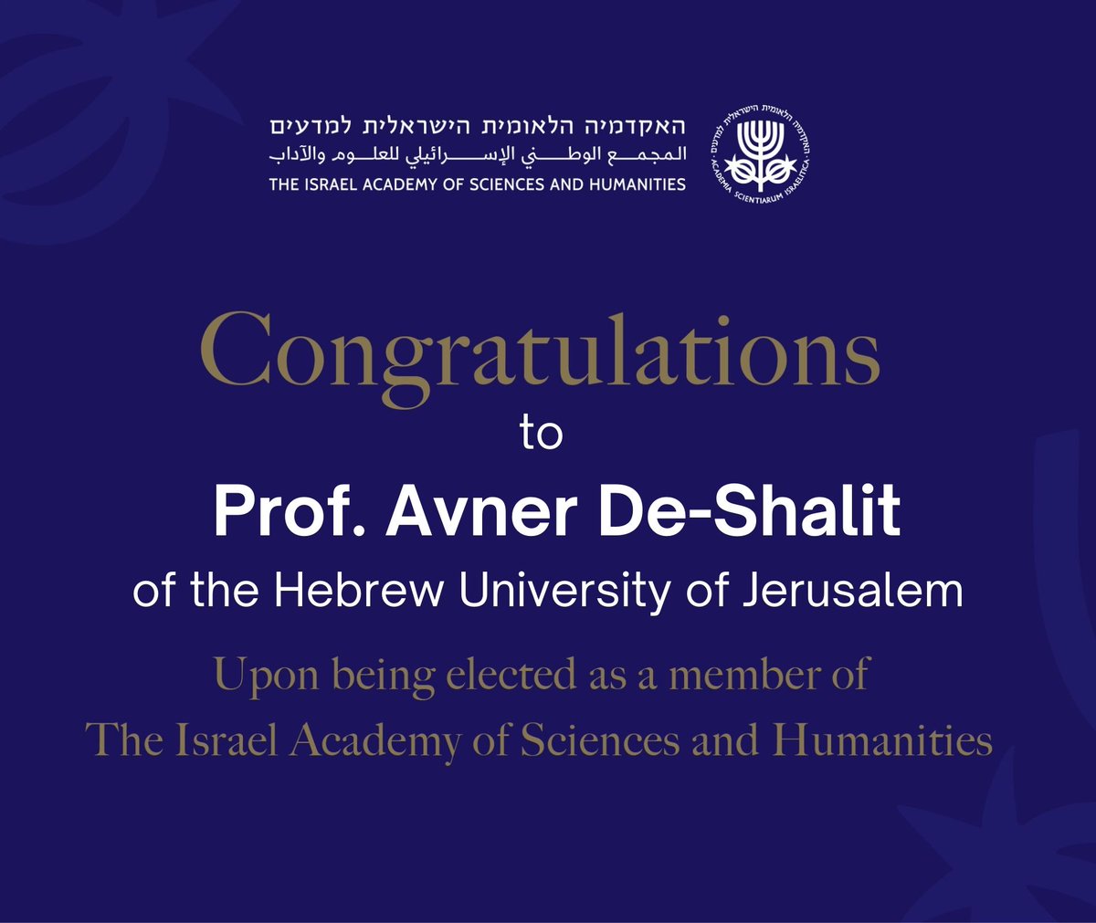 The Israel Academy of Sciences and Humanities (@israelacademy) on Twitter photo 🎉 Congratulations to Prof. Avner de-Shalit of the Department of Political Science at the <a href="/HebrewU/">Hebrew University</a> on his election to the Israel Academy of Sciences and Humanities! Wishing him continued success on this distinguished path.
For more info about the elections: 🎉 Congratulations to Prof. Avner de-Shalit of the Department of Political Science at the <a href="/HebrewU/">Hebrew University</a> on his election to the Israel Academy of Sciences and Humanities! Wishing him continued success on this distinguished path.
For more info about the elections: