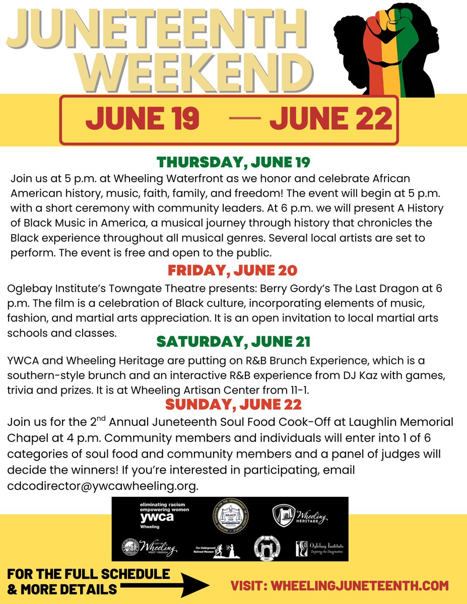 🎉 Join YWCA Wheeling &amp; Wheeling Heritage for Juneteenth!
🗓️ Celebrate freedom, culture &amp; community in Downtown Wheeling with music, speakers, food &amp; more!
🖤💚❤️ #JuneteenthWheeling #FreedomDay #YWCAWheeling #WheelingHeritage #BlackHistory365
