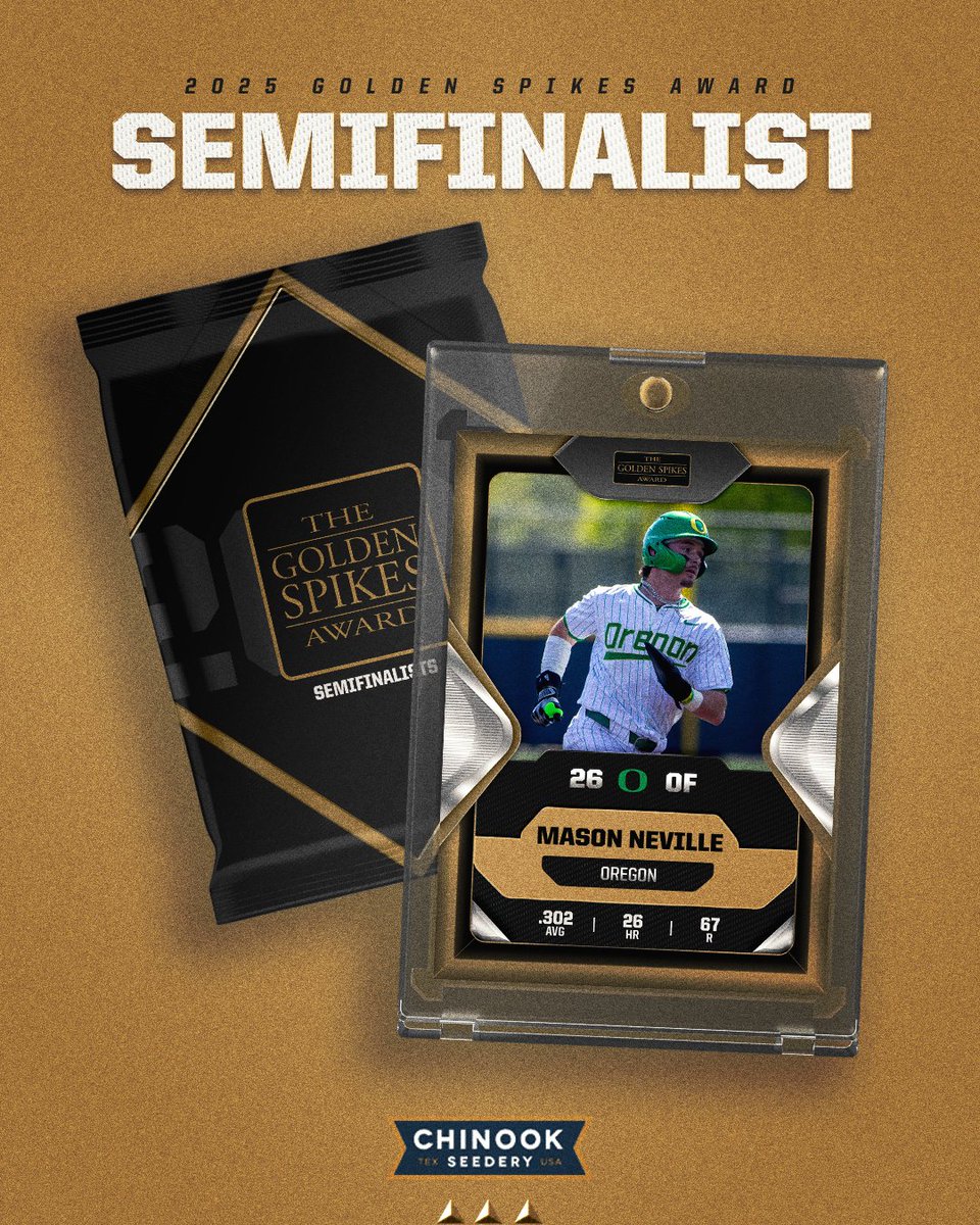 🌟 #GoldenSpikes Semifinalist Spotlight 🌟

All-Big Ten First Team selection Mason Neville leads the nation in home runs with 26 and leads the Big Ten with a .774 slugging percentage. Neville has shattered Oregon's single-season home run record, hitting eight more than the