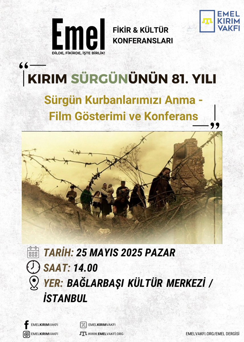 25 Mayıs Pazar saat 14 00
<a href="/uskudarbld/">Üsküdar Belediyesi</a> Baglarbasi Kongre Merkezi
Halka açık 
KIRIM SÜRGÜNÜN 81 YILI