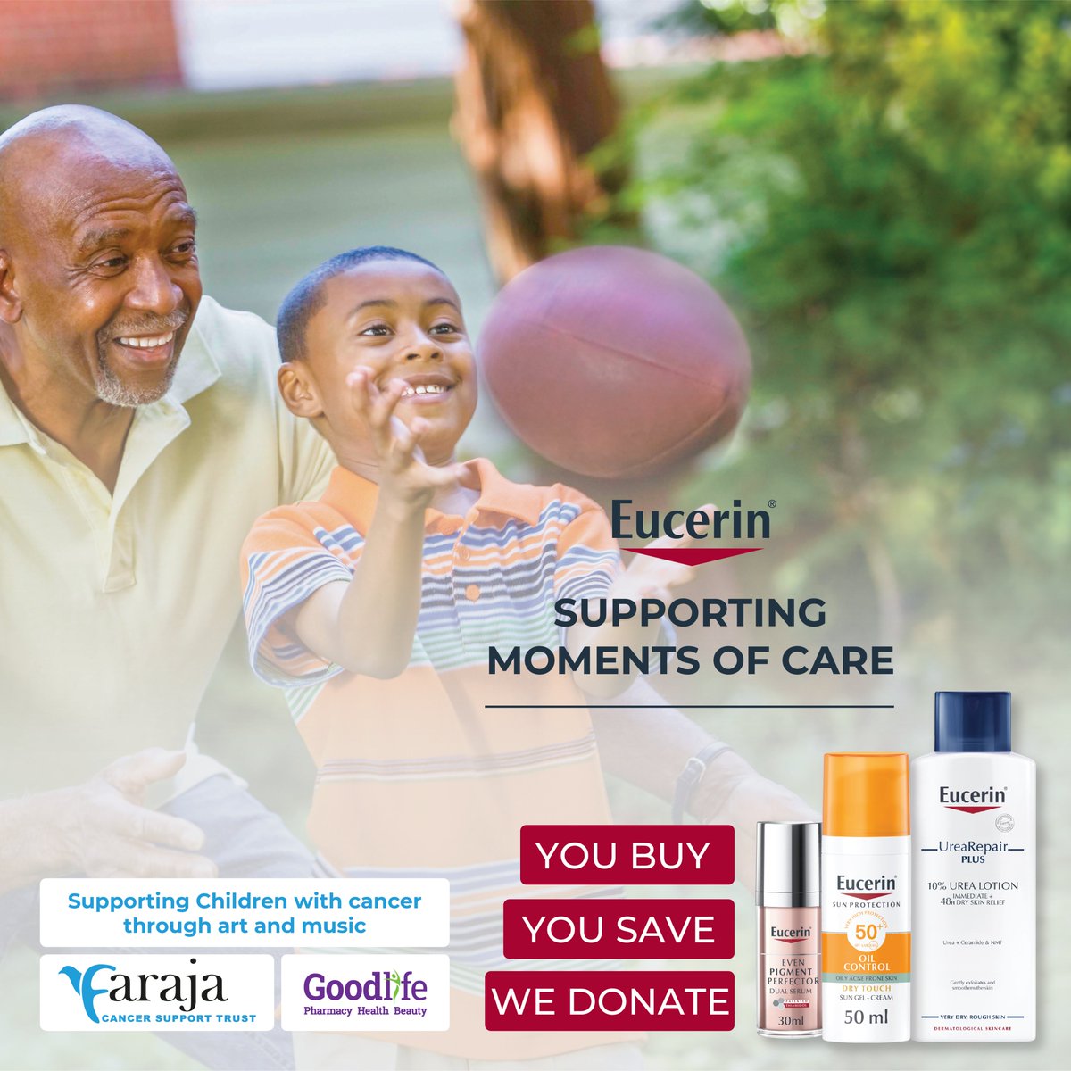 Every Purchase Makes a Difference 💜
Care for your skin while spreading love! With every Eucerin product you buy, you not only save but also help support children with cancer through art and music therapy 🎨🎶.
Together with Faraja Cancer Support Trust, we’re turning everyday