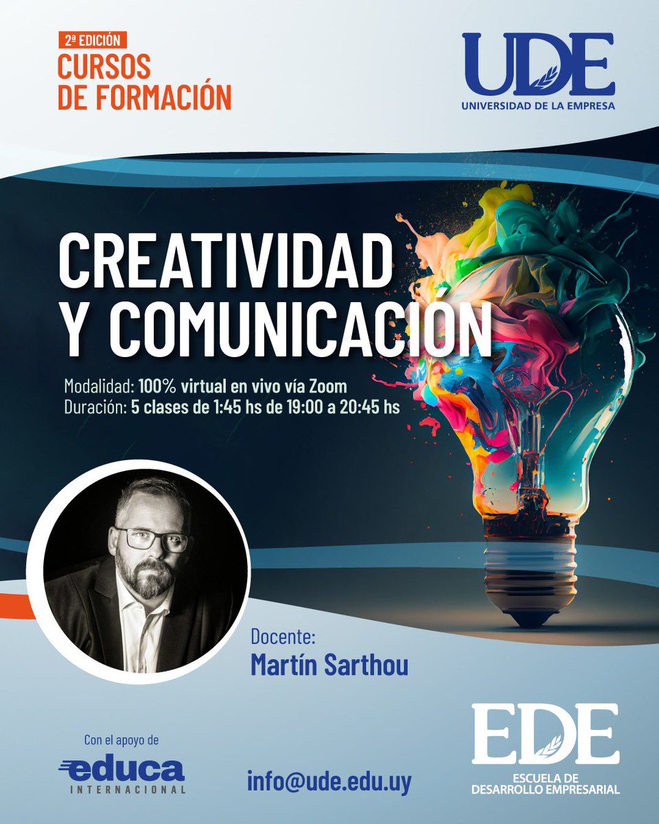 Martín Sarthou (@msarthou) on Twitter photo Comunicar bien no es suficiente.
Hay que emocionar, conectar, dejar marca.
En junio vuelve el curso Creatividad y Comunicación de UDE:
5 encuentros virtuales para transformar tu manera de contar.
Inscripciones abiertas: info@ude.edu.uy
#Creatividad #Comunicación #Storytelling Comunicar bien no es suficiente.
Hay que emocionar, conectar, dejar marca.
En junio vuelve el curso Creatividad y Comunicación de UDE:
5 encuentros virtuales para transformar tu manera de contar.
Inscripciones abiertas: info@ude.edu.uy
#Creatividad #Comunicación #Storytelling