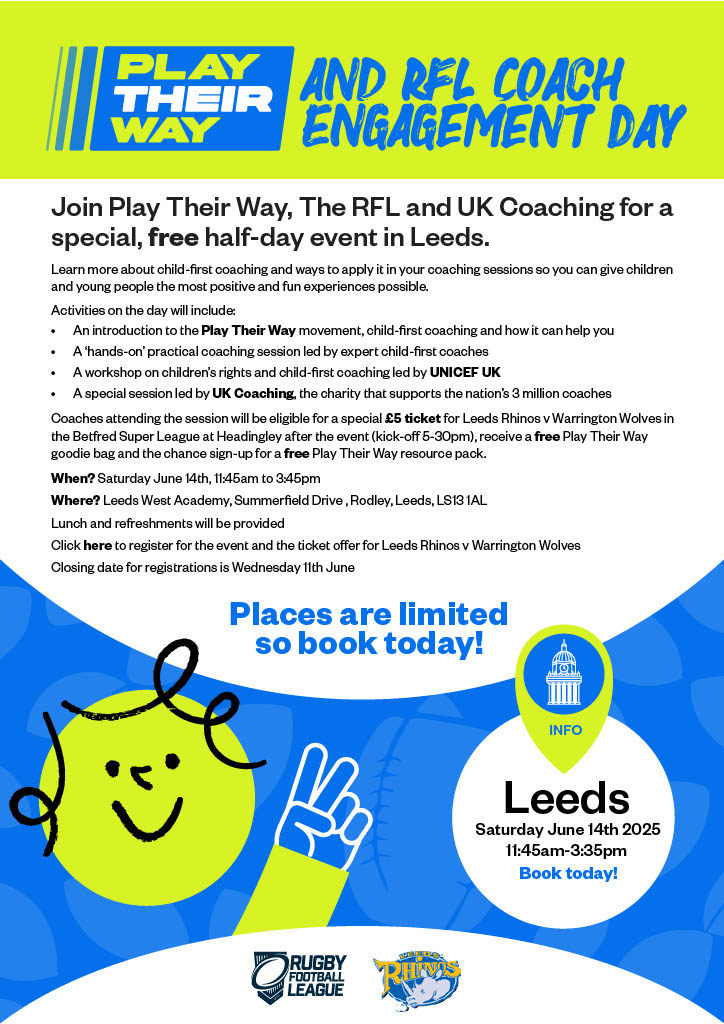 Leeds Rhinos Foundation (@rugbyleeds) on Twitter photo As part of the <a href="/TheRFL/">Rugby Football League</a>'s Play Their Way campaign
We are assisting in the Play Their Way Child First Coaching Event for Primary Rugby League U6-U8 coaches, with your attendance counting towards coaching CPD๐
Sign up now, free of charge!
Register here๐bit.ly/3H6XkPj As part of the <a href="/TheRFL/">Rugby Football League</a>'s Play Their Way campaign
We are assisting in the Play Their Way Child First Coaching Event for Primary Rugby League U6-U8 coaches, with your attendance counting towards coaching CPD๐
Sign up now, free of charge!
Register here๐bit.ly/3H6XkPj