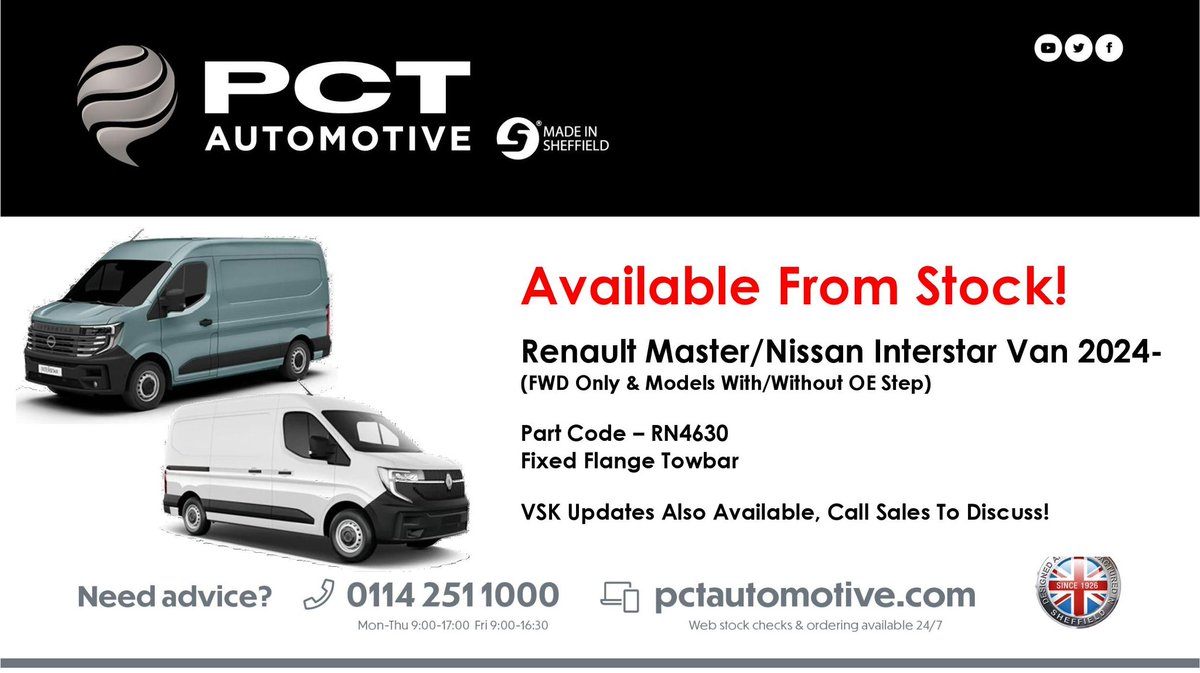 RN4630 - Now In Stock!

Suitable For The New Renault Master &amp; Nissan Interstar Van.

Free Next Day Delivery Available 📦 

Vehicle Specific Kits Also In Stock ⚡️ 

Contact Sales To Secure Your Order ☎️ 

#PCTAutomotive #Towbars #TowingElectrics #SteelCity #MadeinSheffield