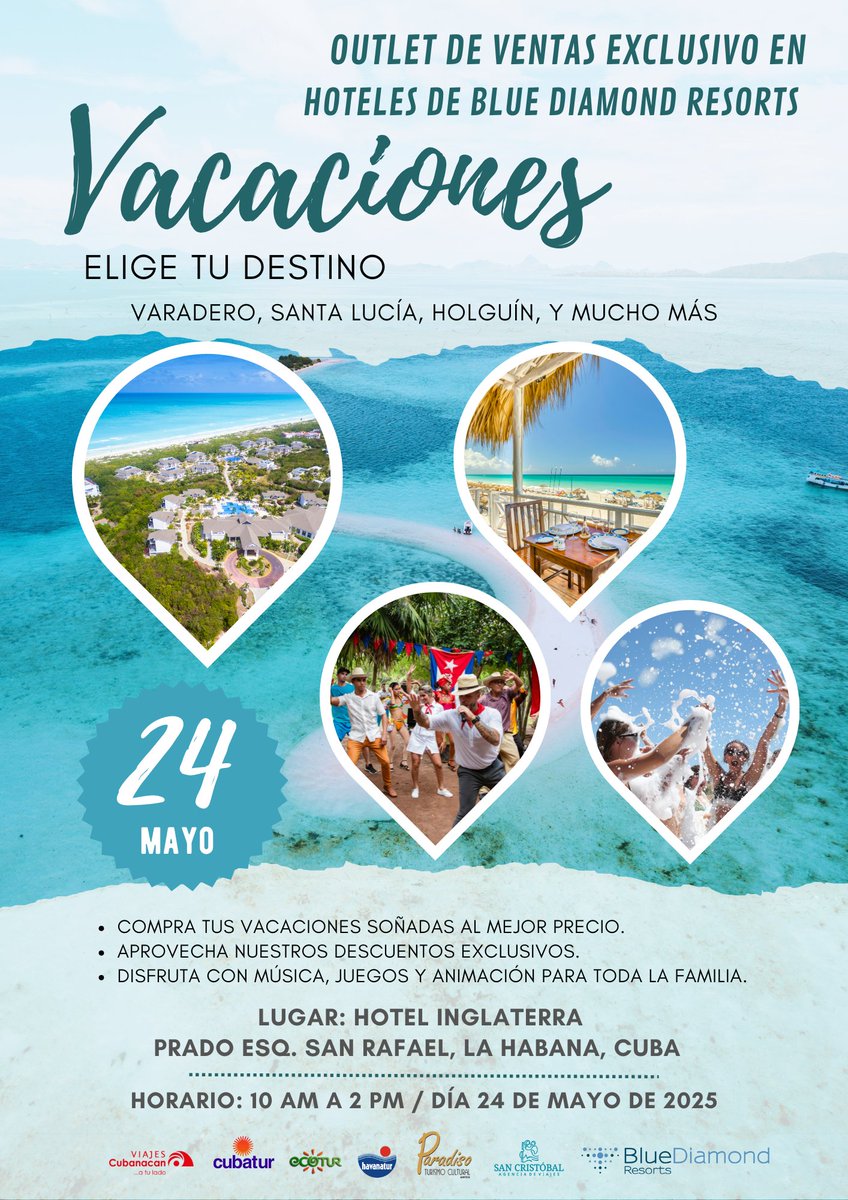 📢ATENCIÓN
El sábado 24 de mayo se realizará el 1er outlet de ventas exclusivo para los hoteles Blue Diamond Resorts en el hotel Inglaterra (por la calle San Rafael).
 Los esperamos!! 🥳😍🙂
#ViajesCubanacán #hotelesbluediamond #vacacionesenfamilia