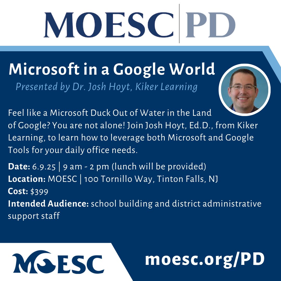 #MOESCPD Session Spotlight: "Microsoft in a Google World" 🔦

A full-day workshop for school building and district administrative support staff, hosted by Dr. Josh Hoyt from Kiker Learning @RKiker

More Info &amp; Registration 👉 moesc.org/PD