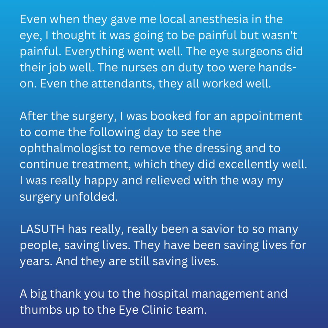 LASUTH (@lasuthikeja) on Twitter photo Patient Testimonial - My Pterygium Surgery Story
<a href="/jidesanwoolu/">Babajide Sanwo-Olu</a> <a href="/JokeSanwoolu/">Joke Sanwo-Olu</a> <a href="/drobafemihamzat/">Obafemi Hamzat</a> <a href="/ProfAkinAbayomi/">Prof. Akin Abayomi</a> <a href="/SegsDr/">Olusegun Ogboye</a> <a href="/comforteri/">PROFESSOR ADETOKUNBO FABAMWO CMD LASUTH</a> <a href="/ADEKOYADR/">PROF. ADEBOWALE ADEKOYA</a> <a href="/LSMOH/">LSMOH</a> <a href="/followlasg/">The Lagos State Govt</a> <a href="/MobilePunch/">Punch Newspapers</a> <a href="/TheNationNews/">The Nation Nigeria</a> <a href="/GuardianNigeria/">The Guardian Nigeria</a> Patient Testimonial - My Pterygium Surgery Story
<a href="/jidesanwoolu/">Babajide Sanwo-Olu</a> <a href="/JokeSanwoolu/">Joke Sanwo-Olu</a> <a href="/drobafemihamzat/">Obafemi Hamzat</a> <a href="/ProfAkinAbayomi/">Prof. Akin Abayomi</a> <a href="/SegsDr/">Olusegun Ogboye</a> <a href="/comforteri/">PROFESSOR ADETOKUNBO FABAMWO CMD LASUTH</a> <a href="/ADEKOYADR/">PROF. ADEBOWALE ADEKOYA</a> <a href="/LSMOH/">LSMOH</a> <a href="/followlasg/">The Lagos State Govt</a> <a href="/MobilePunch/">Punch Newspapers</a> <a href="/TheNationNews/">The Nation Nigeria</a> <a href="/GuardianNigeria/">The Guardian Nigeria</a>