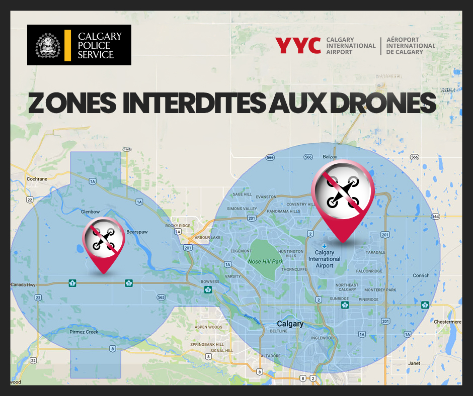 Attention aux zones interdites aux drones ! ❌
Les drones sont interdits dans un rayon de 3,5 milles marins (6,5 km) autour du centre de l’aéroport, et de 1 mille marin (1,8 km) autour de tout héliport. 
Détails sur l’utilisation des drones à #YYC: bit.ly/3SJtRgT