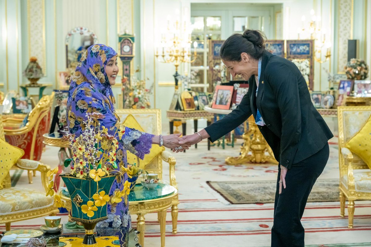 UKinBrunei's tweet photo. A gracious audience with Her Majesty the Queen of Brunei. A memorable occasion for our outgoing High Commissioner, Alexandra McKenzie, highlighting the close ties between our people and the warmth of Bruneian hospitality.

#UKinBrunei #Brunei #UK #Queen #RajaIsteri https://t.co/QryV4n1X5R