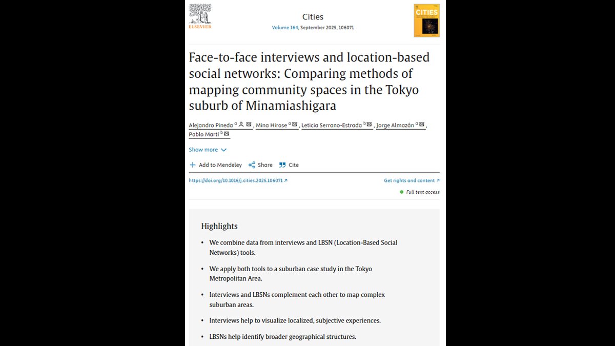 APinedaKeio's tweet photo. Our latest article is now available online! We analyze the complementarity of interviews and social media data to identify community spaces in a suburban area of Tokyo. You can access it for free until July 10, 2025, by following this link:
https://t.co/xB4QMqTNY5
#weeklyreading https://t.co/5LD0fNdB6s