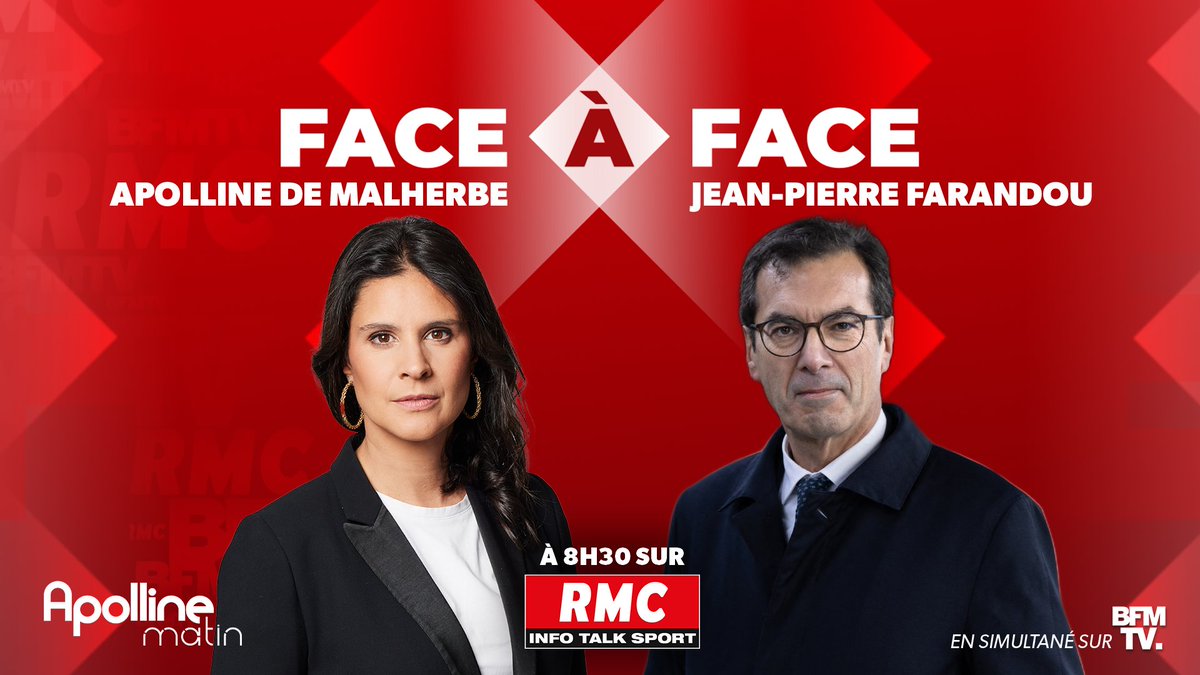RMC (@rmcinfo) on Twitter photo 🎙 Demain, <a href="/JPFarandou/">Jean-Pierre Farandou</a>, président-directeur général du <a href="/GroupeSNCF/">Groupe SNCF</a>, sera l’invité du #FaceÀFace avec <a href="/apollineWakeUp/">Apolline de Malherbe</a>.
👉 Rendez-vous à 8h30 sur RMC et <a href="/BFMTV/">BFMTV</a>. 🎙 Demain, <a href="/JPFarandou/">Jean-Pierre Farandou</a>, président-directeur général du <a href="/GroupeSNCF/">Groupe SNCF</a>, sera l’invité du #FaceÀFace avec <a href="/apollineWakeUp/">Apolline de Malherbe</a>.
👉 Rendez-vous à 8h30 sur RMC et <a href="/BFMTV/">BFMTV</a>.