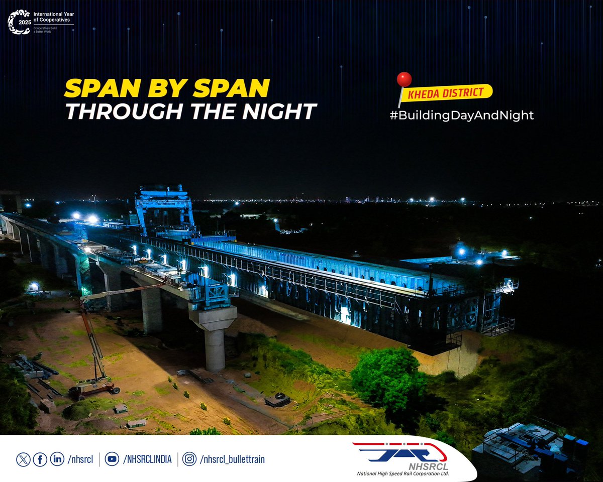 nhsrcl's tweet photo. The launching gantry forges ahead span by span on the viaduct in Kheda district, with continuous operations underway day and night to fast-track the Bullet Train corridor.

#BuildingDayAndNight https://t.co/58Md5URTJV