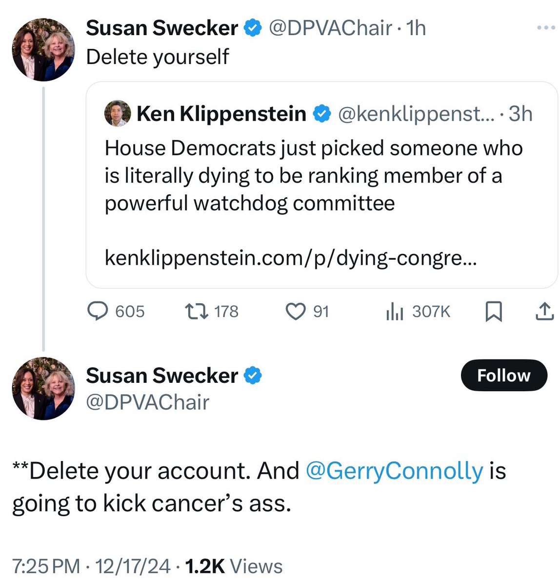 Virginia Democratic Party Chair’s response to to my reporting warning that Gerry Connolly was terminally ill back in December