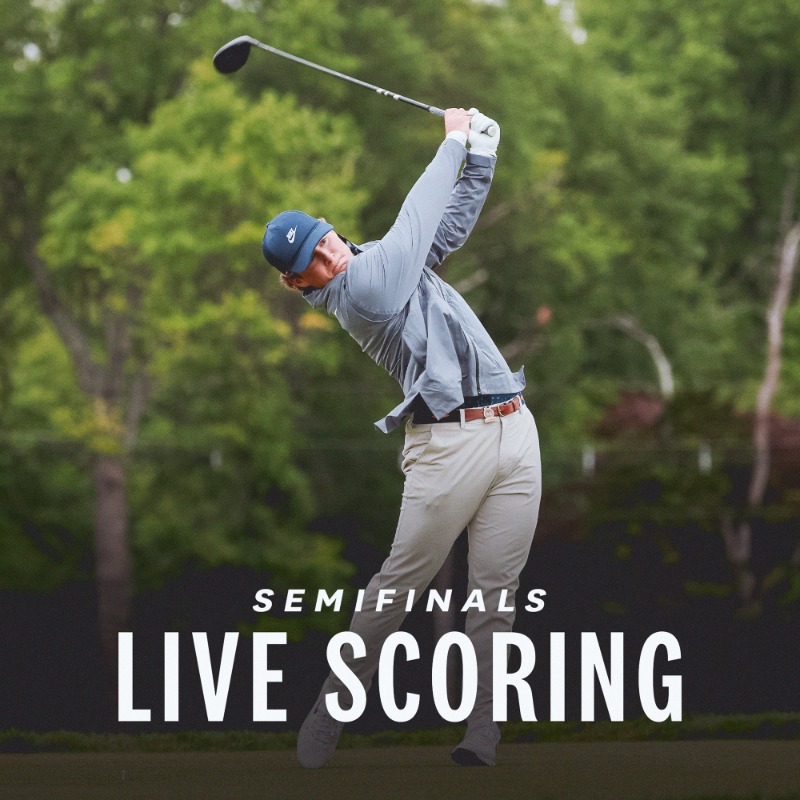 USGA's tweet photo. Evan Beck &amp; Dan Walters 🆚 Charlie Forster &amp; Steen Zeman
Will Hartman &amp; Tyler Mawhinney 🆚 Carson Looney &amp; Hunter Powell

Follow our semifinalists as they near the inward nine at Plainfield ⬇️