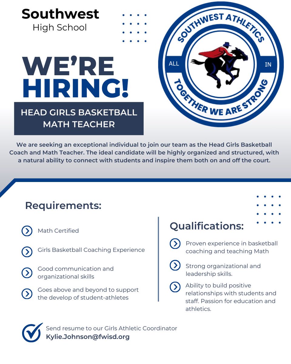 Coach Johnson (@kyliejohnson111) on Twitter photo Fort Worth Southwest is looking for a Head Girls Basketball Coach and Math Teacher!
If interested, please reach out by email.
Kylie.johnson@fwisd.org
#ALLIN Fort Worth Southwest is looking for a Head Girls Basketball Coach and Math Teacher!
If interested, please reach out by email.
Kylie.johnson@fwisd.org
#ALLIN