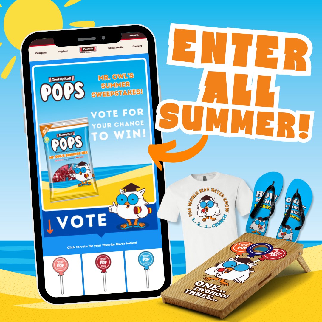 Shirts, flip flips, cornhole, and more! 😃 You can enter Mr. Owl's Summer Sweepstakes ALL SUMMER LONG! tootsie.com/tpflavorvote/