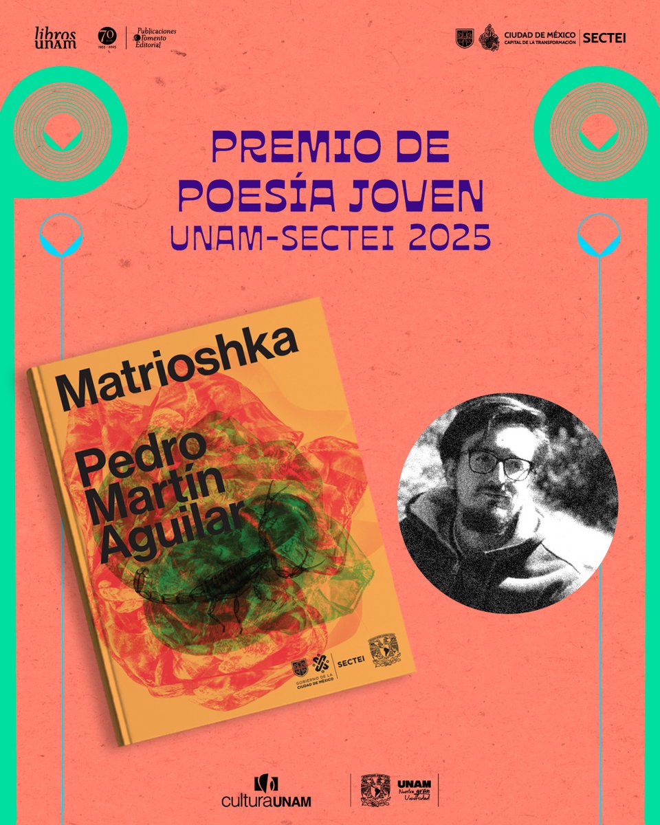 🤓Pedro Martín Aguilar <a href="/pedromartin91/">Pedro Martín Aguilar</a> (Madrid, 1991) estudió Letras en la #UNAM. Es autor de «Matrioshka», título con el que obtuvo el Premio de Poesía Joven UNAM-SECTEI 2020. ✨¡Consulta la convocatoria de la edición 2025!➡️ bit.ly/3D8C1LJ
<a href="/CulturaUNAM/">CulturaUNAM</a> <a href="/SECTEI_CDMX/">SECTEI CDMX</a>