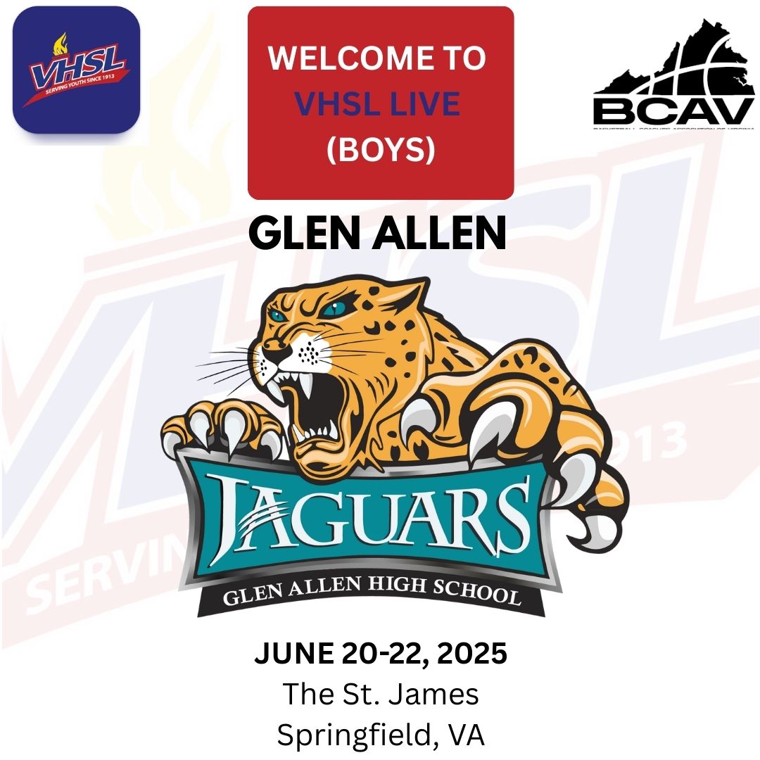 B_C_A_V's tweet image. The VHSL, BCAV, and the St. James would like to welcome these teams to VHSL Live (Boys) on June 20-22, 2025:  

Glen Allen (6A Regional Semi-Finals)
Fairfax
Manor
Langley