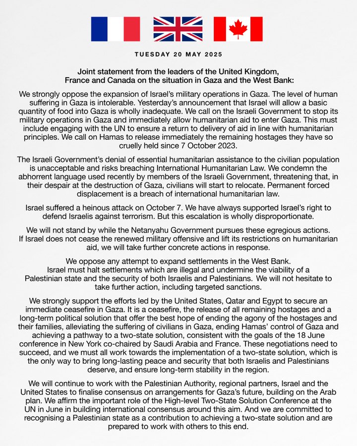 3/3 Tomēr Francijas, Apvienotās karalistes un Kanādas politisko līderu vēstījums ir nepārprotams: ja esošās Izraēlas valdības rīcības netiek apturētas, tad ir jāseko sabiedroto rīcībai. 

ES-Izraēlas nolīguma pārskatīšana un potenciālā apturēšana ir viens no šādiem soļiem.