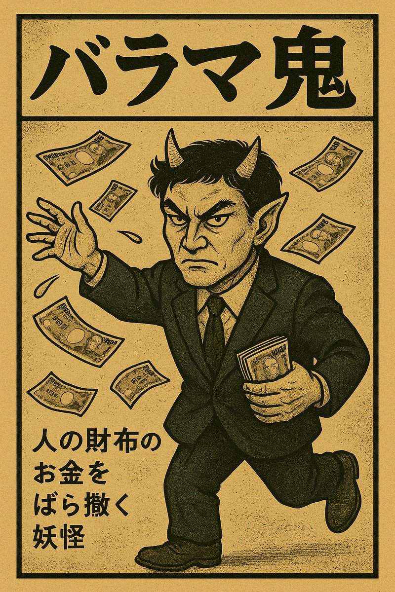 「税金妖怪図鑑シリーズ」
0️⃣0️⃣4️⃣【　バ　ラ　マ　鬼　】

人の財布のお金(税金)をばら撒く妖怪。
全石連や全タク連・全ト協などの支持団体の為に補助金をばら撒くが、

ガソリン減税のような支援者に薄い減税には「財源」を要求し邪魔をする。