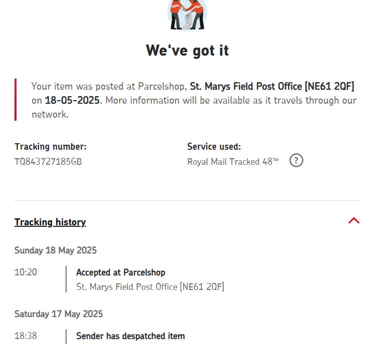 Anthea_Crowe's tweet photo. @RoyalMailHelp Ordered 3 items on Vinted using Tracked 48hr for delivery by today. For 2 items I had emails from you confirming receipt &amp; they'd be delivered today (they have). Never received any emails for item 3. Tracking shows no movement since the 18th. Please advise!! https://t.co/7H1aPYsxLO