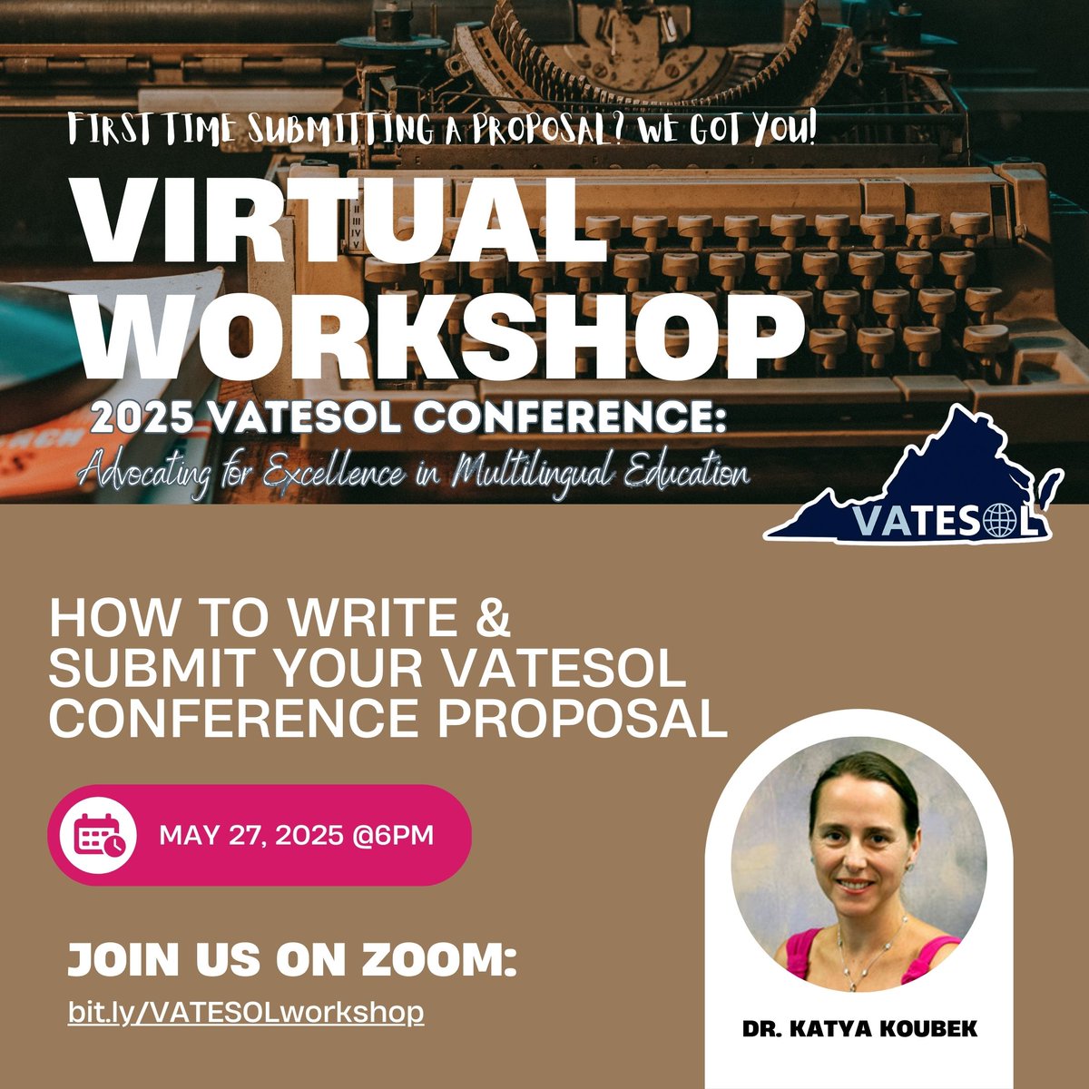 🚨 New to conference proposals? We’ve got your back!

🎓 Join Dr. Katya Koubek for a free virtual workshop
🗓️ May 27, 2025 | 🕕 6 PM EST
💡 How to Write &amp; Submit Your First Conference Proposal
🌐 bit.ly/VATESOLworkshop
#VATESOL #TESOL #ELL #EdChat #MultilingualEd #TeacherPD