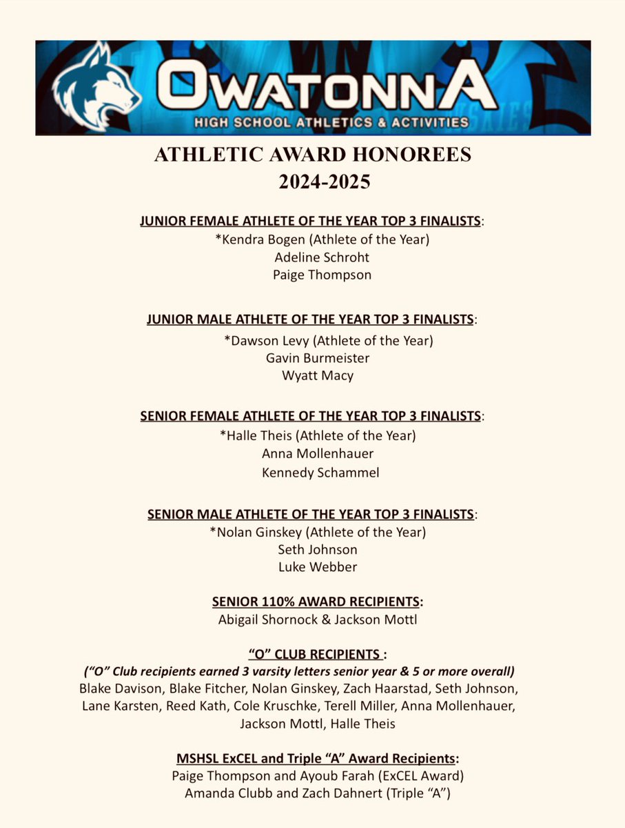 Activities Director (@owatonnahuskies) on Twitter photo Congratulations to our student-athletes honored at our Athletic Awards Ceremony this morning. All the athletes celebrated today are so deserving of this well earned honor & recognition. #owatonnaproud <a href="/ohsoffice/">Owatonna High School</a> <a href="/OPP__Sports/">OPP Sports</a> <a href="/voiceofohs/">Roy Koenigsberg</a> <a href="/SteeleC_Times/">Steele County Times</a> <a href="/ohsmagnet/">OHS MAGNET</a> Congratulations to our student-athletes honored at our Athletic Awards Ceremony this morning. All the athletes celebrated today are so deserving of this well earned honor & recognition. #owatonnaproud <a href="/ohsoffice/">Owatonna High School</a> <a href="/OPP__Sports/">OPP Sports</a> <a href="/voiceofohs/">Roy Koenigsberg</a> <a href="/SteeleC_Times/">Steele County Times</a> <a href="/ohsmagnet/">OHS MAGNET</a>