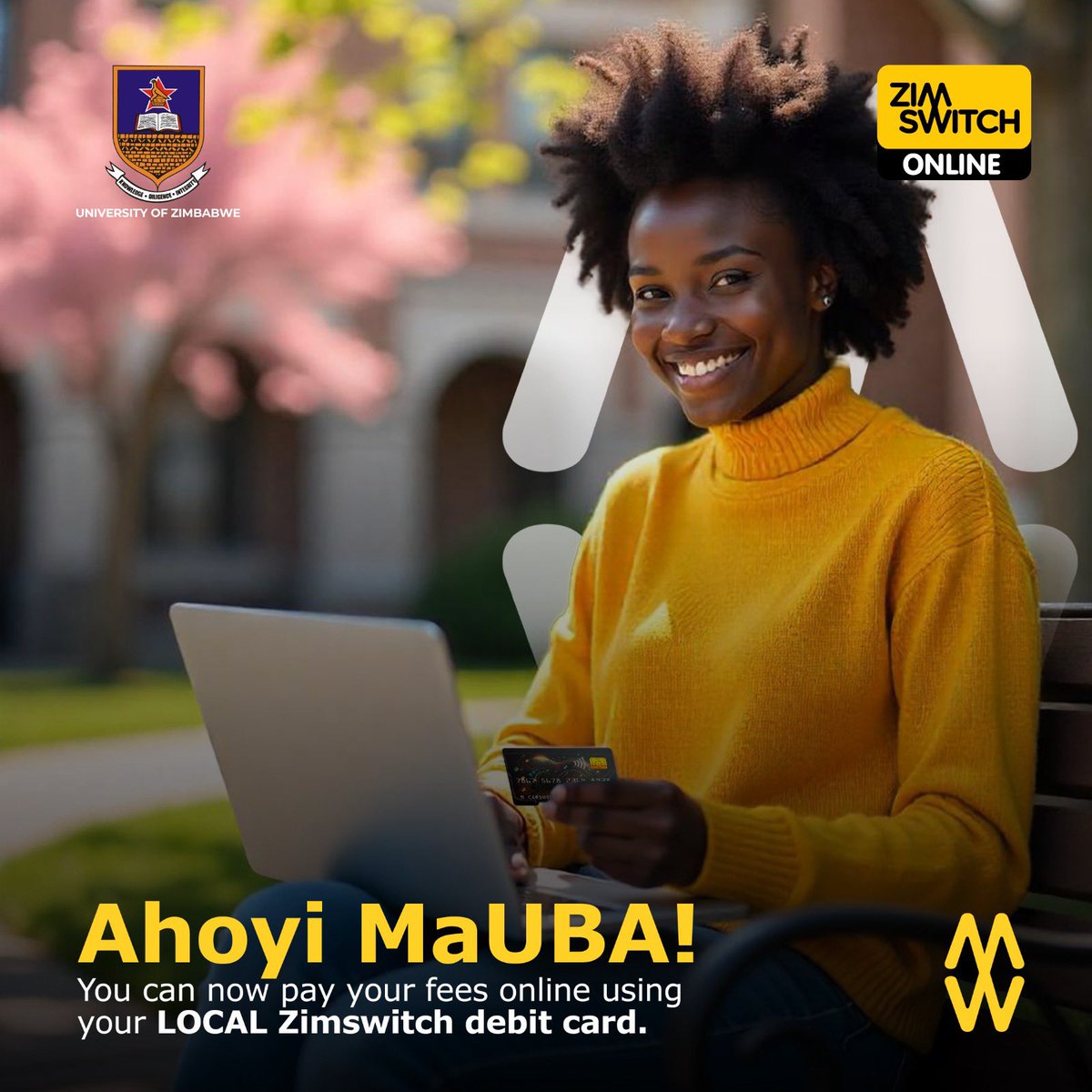 **Ahoy MaUBA paUZ!**

GOOD NEWS!! DITCH the REGISTRATION QUEUES today . 

Log in to your eMhare account and pay your fees effortlessly using your LOCAL Zimswitch debit card 💳 
#Zimswitch Online#your CaptainConvenience