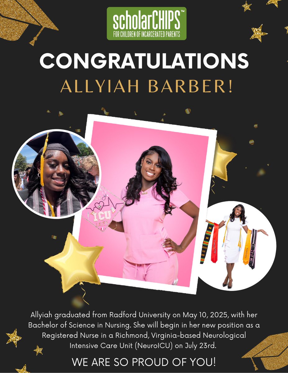 On this #WhereAreTheyWednesday we are congratulating and celebrating our scholar, now alumna, Allyiah Barber who recently graduated from Radford University, earning her BS in Nursing. She is soon to start as an RN at a VA-based Neurological ICU. 🎉🎉🎉🎉