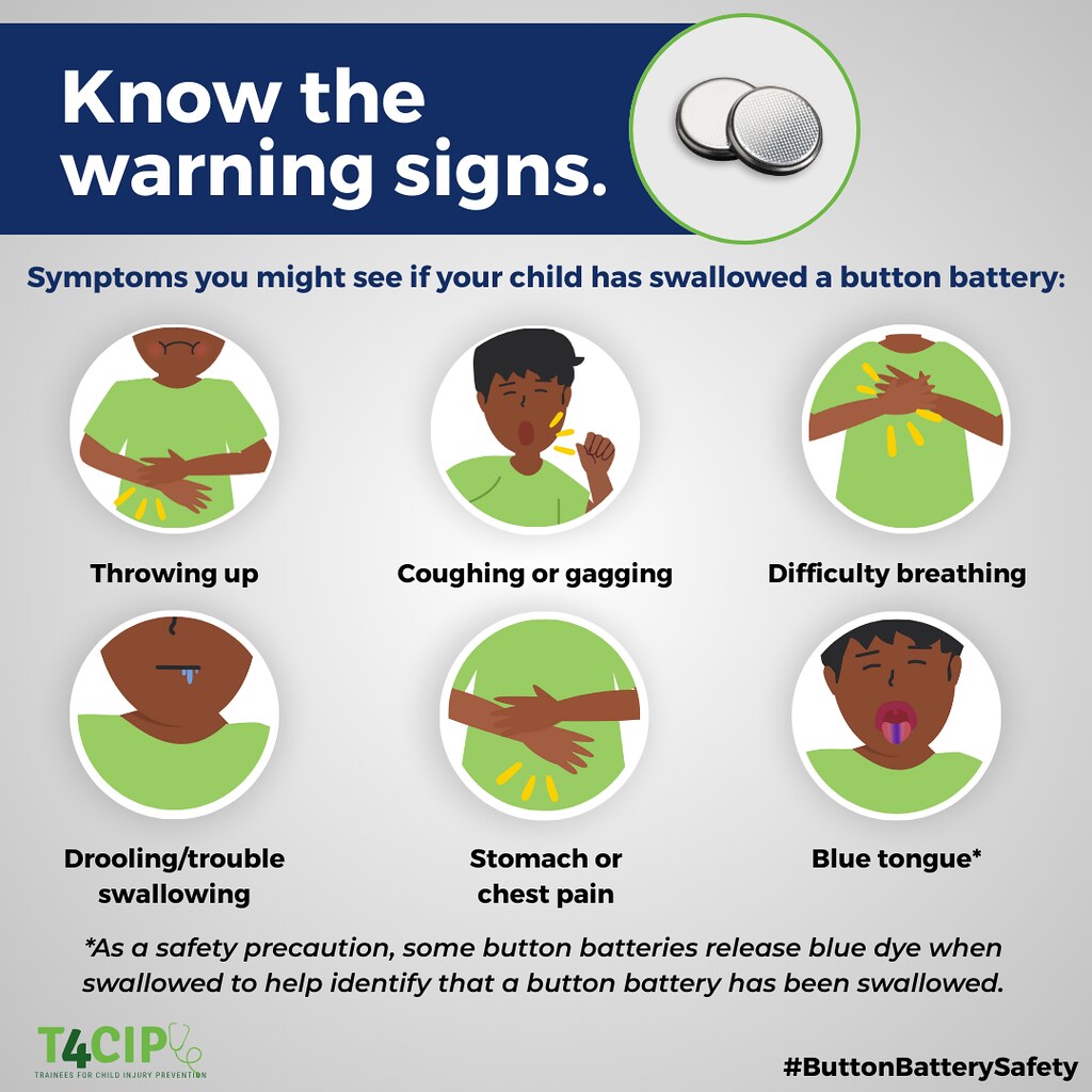 BrittanyOpokwu's tweet image. Know the warning signs! Symptoms you might see if your child has swallowed a button battery:
- Throwing up
- Coughing or gagging
- Difficulty breathing
- Drooling/trouble swallowing
- Stomach or chest pain
- *Blue tongue (explained on image)
#ButtonBatterySafety