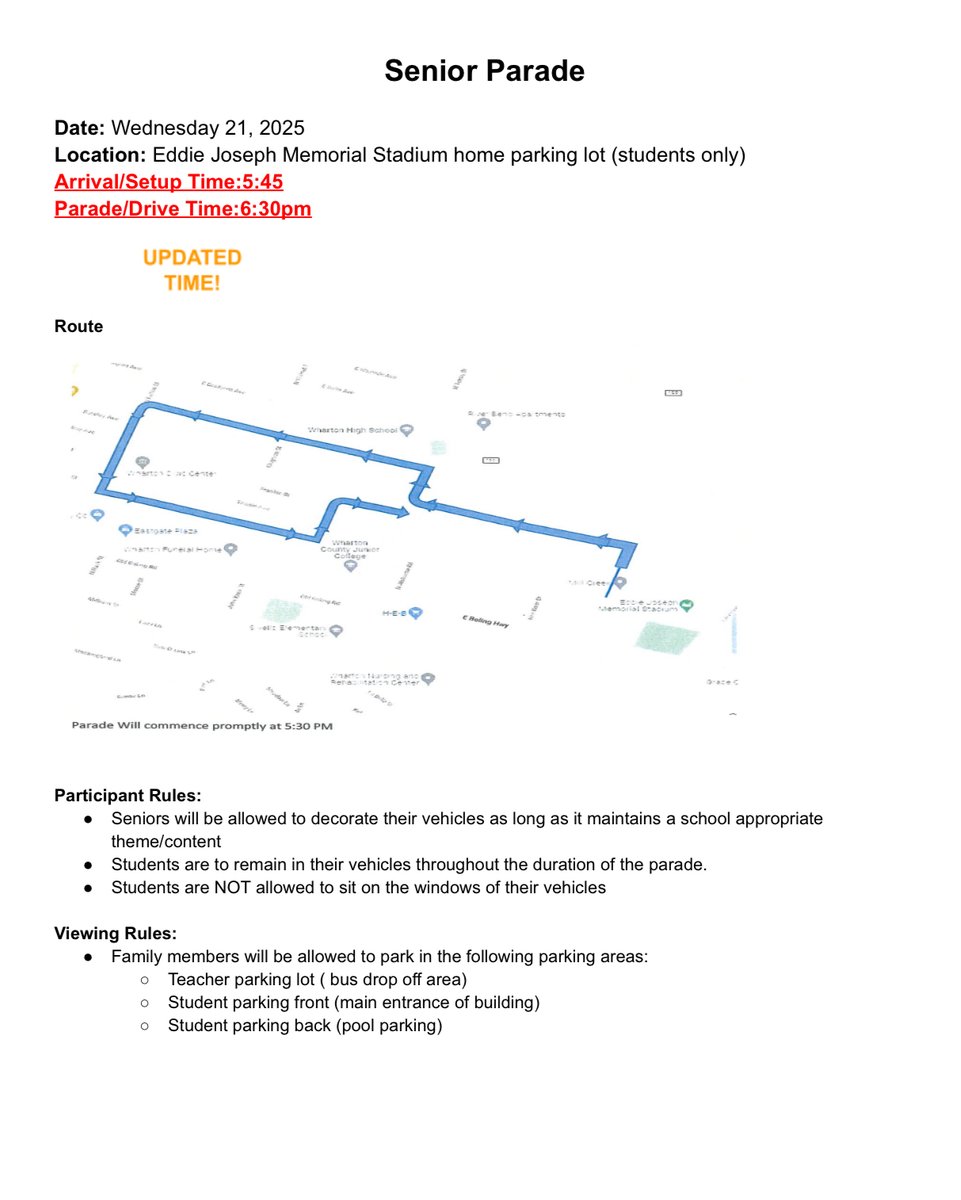 WHS parents, here is the information for tomorrow’s Senior Parade