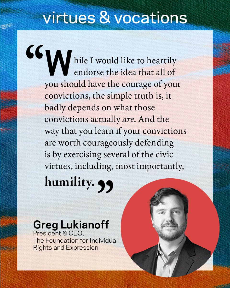Virtues & Vocations (@virtuevocations) on Twitter photo We’re taught to have the courage of our convictions — but how do you we cultivate the humility to know whether your convictions are *good*? Read more in our latest edition from <a href="/glukianoff/">Greg Lukianoff</a> President and CEO of FIRE at bit.ly/4drCp5N We’re taught to have the courage of our convictions — but how do you we cultivate the humility to know whether your convictions are *good*? Read more in our latest edition from <a href="/glukianoff/">Greg Lukianoff</a> President and CEO of FIRE at bit.ly/4drCp5N