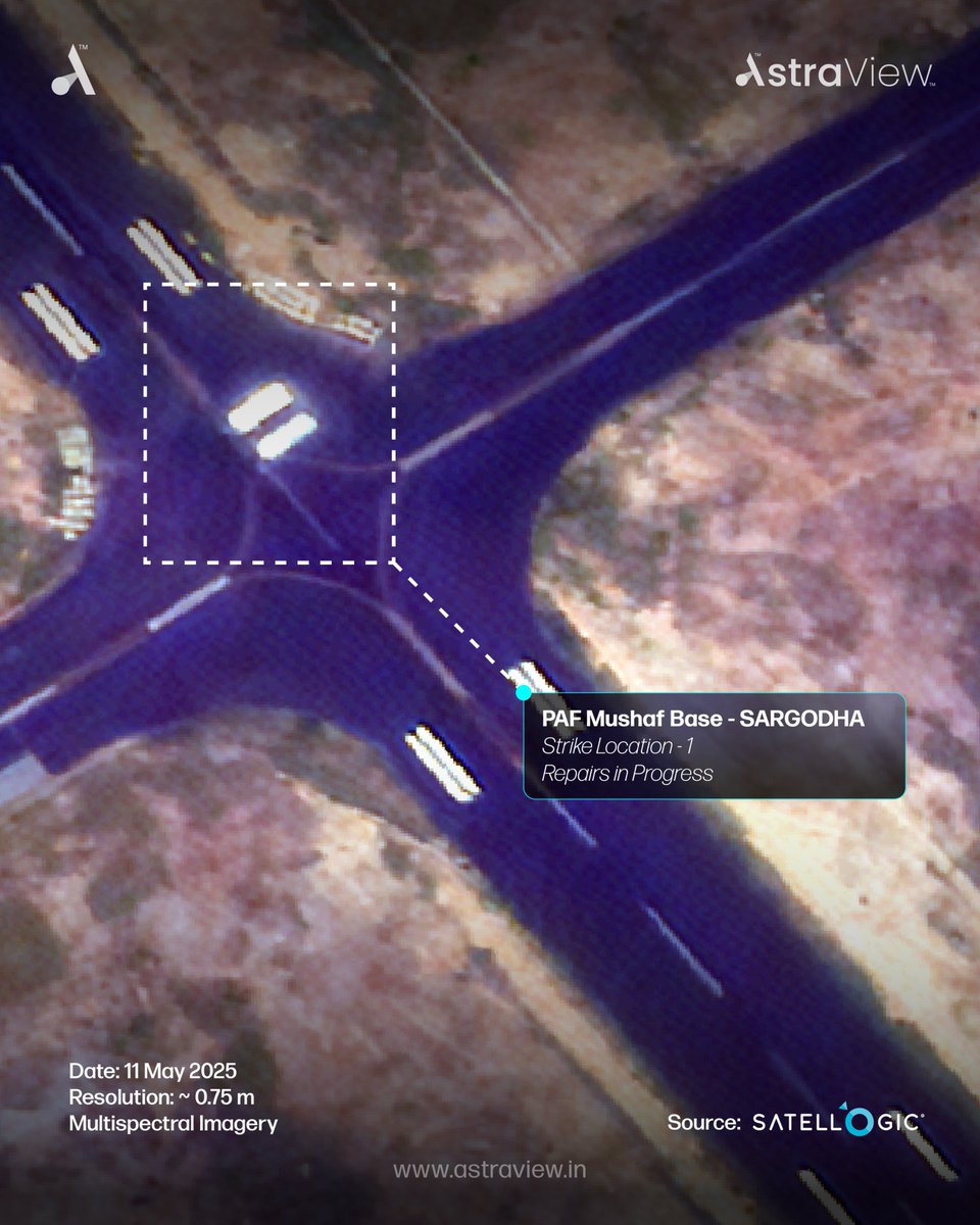 DhruvaSpace's tweet photo. On May 11, we tasked our system to capture imagery of the Sargodha air base in Pakistan, following reports of recent air strikes. The ~0.75m Multi-Spectral resolution imagery, received on the same day, shows two visible impact points on the runway and ongoing repair activity. https://t.co/y2iRnhqkT3