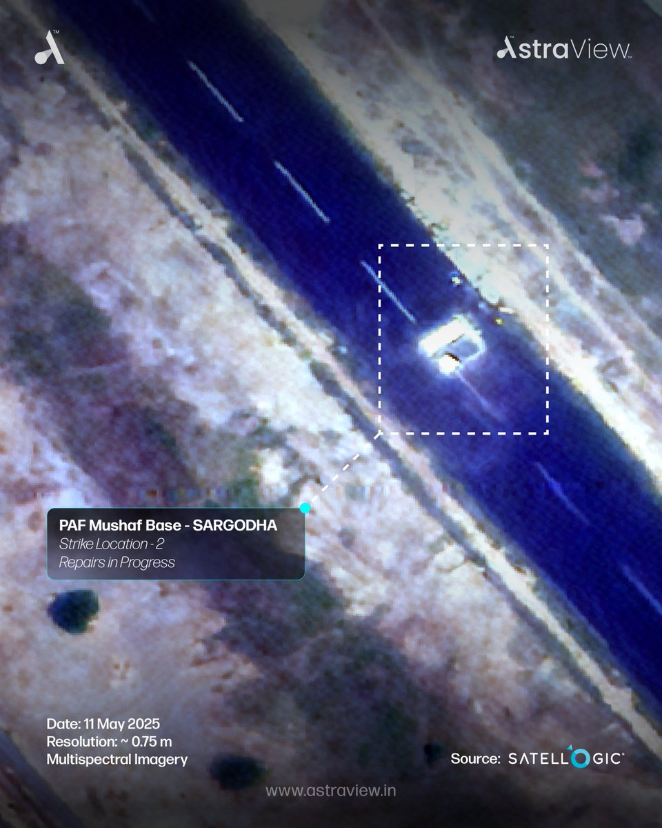 DhruvaSpace's tweet photo. On May 11, we tasked our system to capture imagery of the Sargodha air base in Pakistan, following reports of recent air strikes. The ~0.75m Multi-Spectral resolution imagery, received on the same day, shows two visible impact points on the runway and ongoing repair activity. https://t.co/y2iRnhqkT3