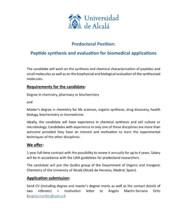 Our research group is looking for a motivated PhD candidate to work on peptide chemistry and chemical biology of of immunity 
#PhD #Tesis <a href="/IQAR_UAH/">IQAR-UAH</a>