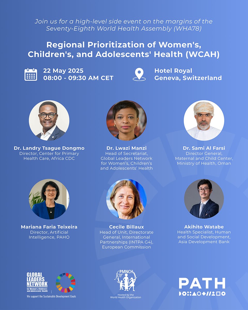 PMNCH (@pmnch) on Twitter photo 🎙️ Meet the speakers driving the conversation at #WHA78!
Join us TOMORROW for the high-level event “Regional Prioritization of Women’s, Children’s & Adolescents’ Health” — co-hosted by <a href="/PresidencyZA/">The Presidency 🇿🇦</a>, <a href="/GLN_Community/">Global Leaders Network</a>, <a href="/PMNCH/">PMNCH</a> & <a href="/PATHtweets/">PATH</a>. Best practices, funding and frameworks 🎙️ Meet the speakers driving the conversation at #WHA78!
Join us TOMORROW for the high-level event “Regional Prioritization of Women’s, Children’s & Adolescents’ Health” — co-hosted by <a href="/PresidencyZA/">The Presidency 🇿🇦</a>, <a href="/GLN_Community/">Global Leaders Network</a>, <a href="/PMNCH/">PMNCH</a> & <a href="/PATHtweets/">PATH</a>. Best practices, funding and frameworks