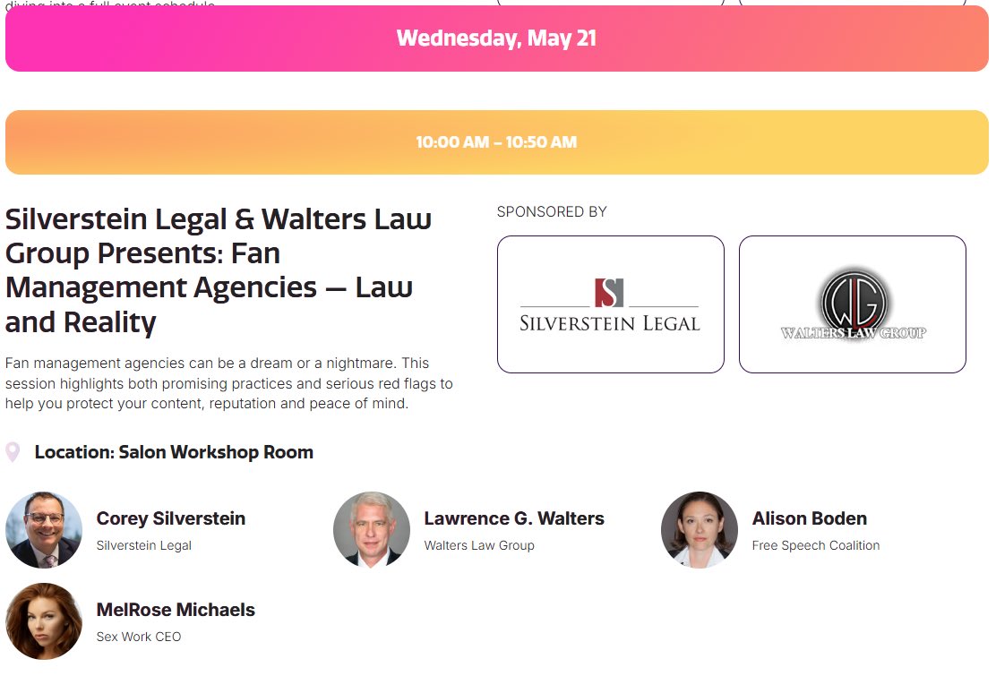 Corey D. Silverstein, Esq. (@myadultattorney) on Twitter photo Attend the Fan Management Agencies - Law and Reality workshop presented by Silverstein Legal & Walters Law group in 30 minutes in the Salon Workshop room at XBiz Miami to learn more about promising practices and red flags to look out for.
<a href="/XBIZ/">XBIZ</a> <a href="/WaltersLawGroup/">Walters Law Group</a> <a href="/AlisonBodenFSC/">Alison Boden</a> Attend the Fan Management Agencies - Law and Reality workshop presented by Silverstein Legal & Walters Law group in 30 minutes in the Salon Workshop room at XBiz Miami to learn more about promising practices and red flags to look out for.
<a href="/XBIZ/">XBIZ</a> <a href="/WaltersLawGroup/">Walters Law Group</a> <a href="/AlisonBodenFSC/">Alison Boden</a>