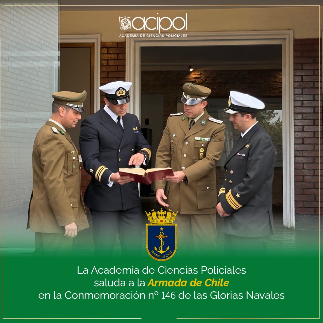 En el Día de las Glorias Navales, la Academia de Ciencias Policiales de Carabineros de Chile rinde homenaje al legado del Capitán Prat y a la <a href="/Armada_Chile/">Armada de Chile</a> . Su ejemplo inspira nuestra formación basada en el deber, el honor y el servicio a la Patria. #21DeMayo #GloriasNavales