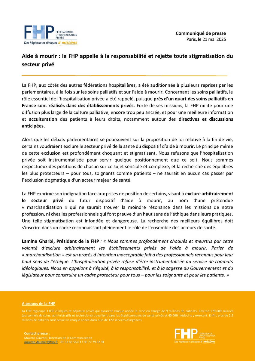 📢 Aide à mourir : la FHP appelle à la responsabilité et rejette toute stigmatisation du secteur privé.
Alors que les débats sur la fin de vie se poursuivent, nous refusons toute exclusion dogmatique d’un acteur majeur de santé.
📄 Lire notre CP 👉 omnibook.com/view/01c8fe70-…