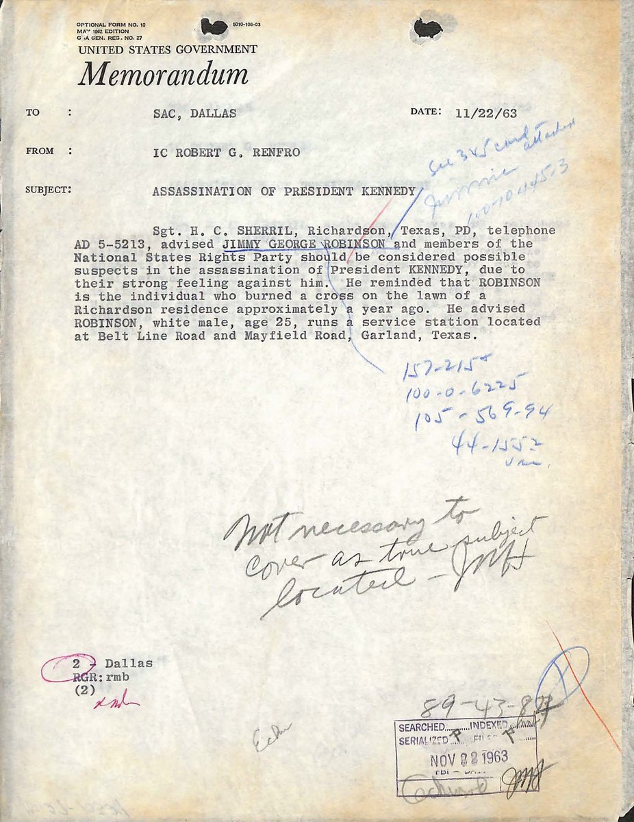 FilesJFK's tweet image. While the country reeled on 11/22/63, J. Edgar Hoover was already shutting doors.
These FBI memos show leads dismissed the same day JFK was killed — including tips on a cross-burning racist and a fleeing car from the Tippit murder scene.
Hoover’s mind was made up. #JFKFiles…